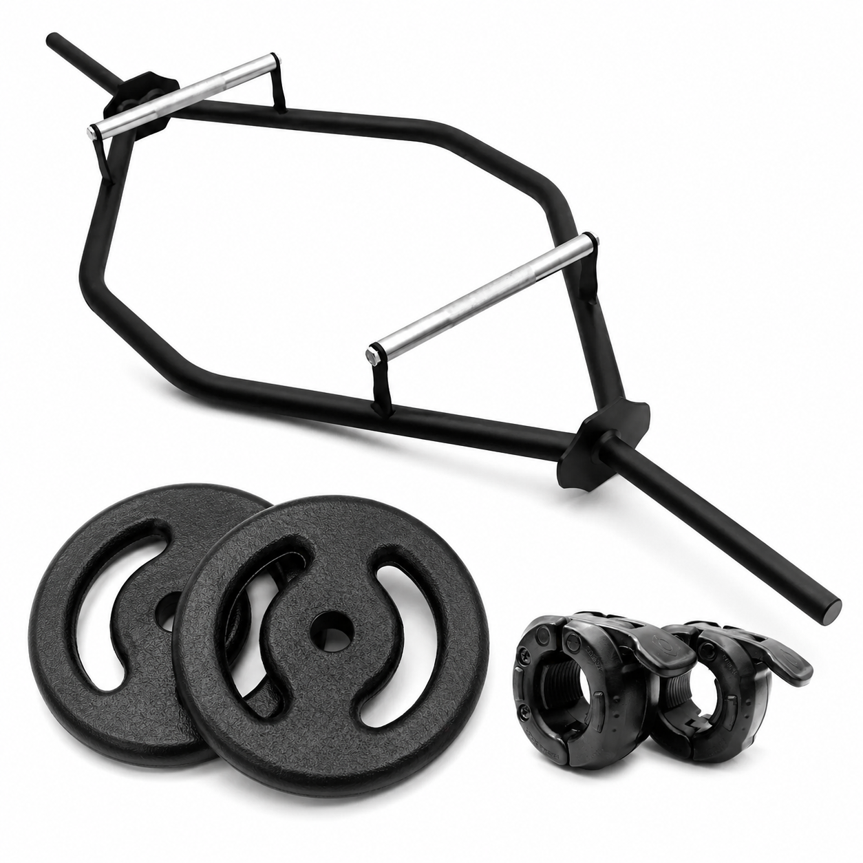 Kit Home Training - Barra Hexagonal, Par de Anilhas de Ferro 15kg, Par de Presilhas