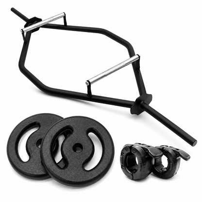Kit Home Training - Barra Hexagonal, Par de Anilhas de Ferro 15kg, Par de Presilhas