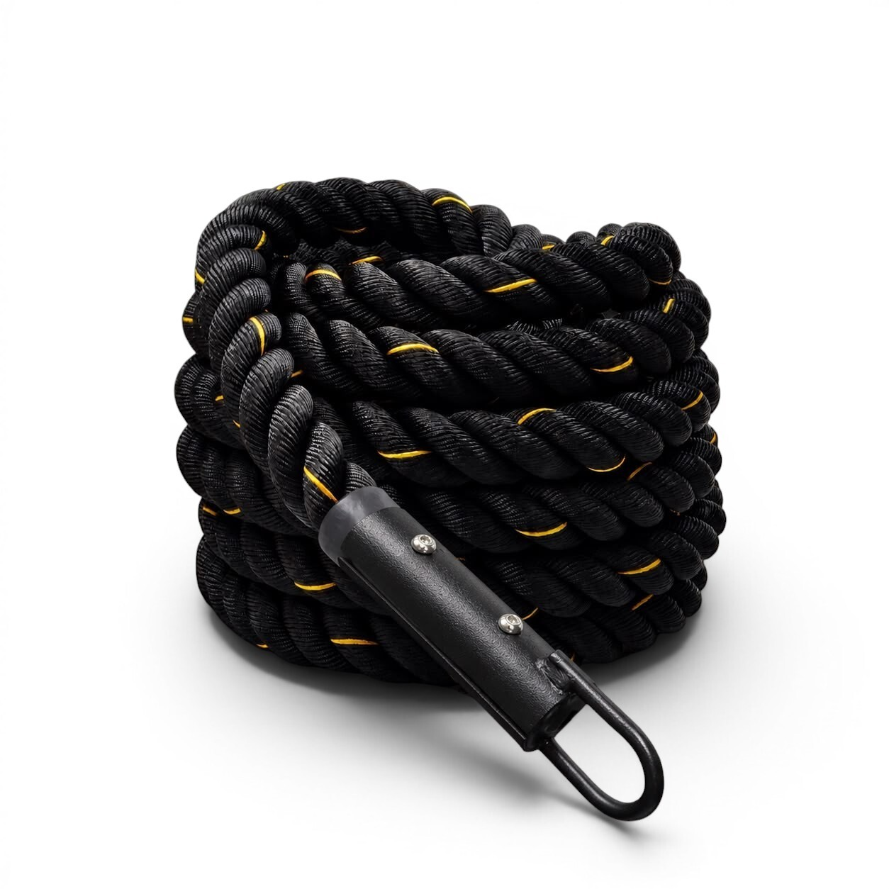 Corda preta para sled pull profissional com ponteira metálica reforçada e argola para conexão em trenó de treino funcional.