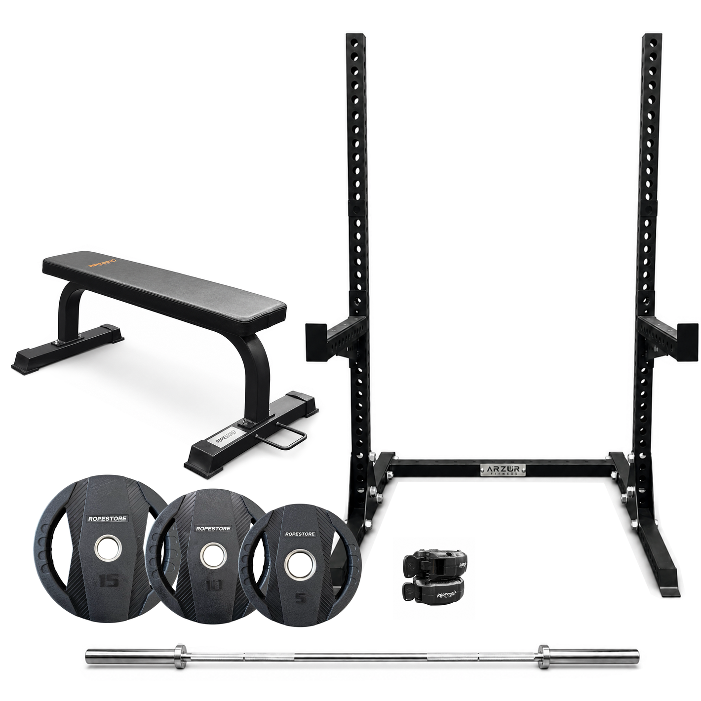 Kit Home Training - Half Rack, Banco Reto, Barra Olímpica 2,0m Cromada, 60 Kgs de Anilhas Proline, 1 Par de Presilha Olímpica