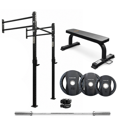 Kit Home Training - Power Rack RS1, Banco Reto, Barra Olímpica 2,0m Cromada, 60 Kgs de Anilhas Proline, 1 Par de Presilha Olímpica