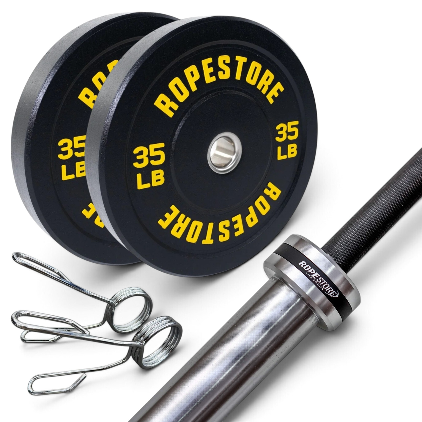 Kit Home Box com barra olímpica masculina Cerakote, duas anilhas Hi-Temp de 35 lb e presilhas