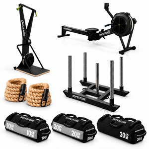 Kit com 1 Ski Erg, 1 Remo Indoor, 1 Sled Competition, 1 Sandbag de 10 kg, 1 Sandbag de 20 kg, 1 Sandbag de 30 kg e 2 Cordas de Sisal 36 mm
