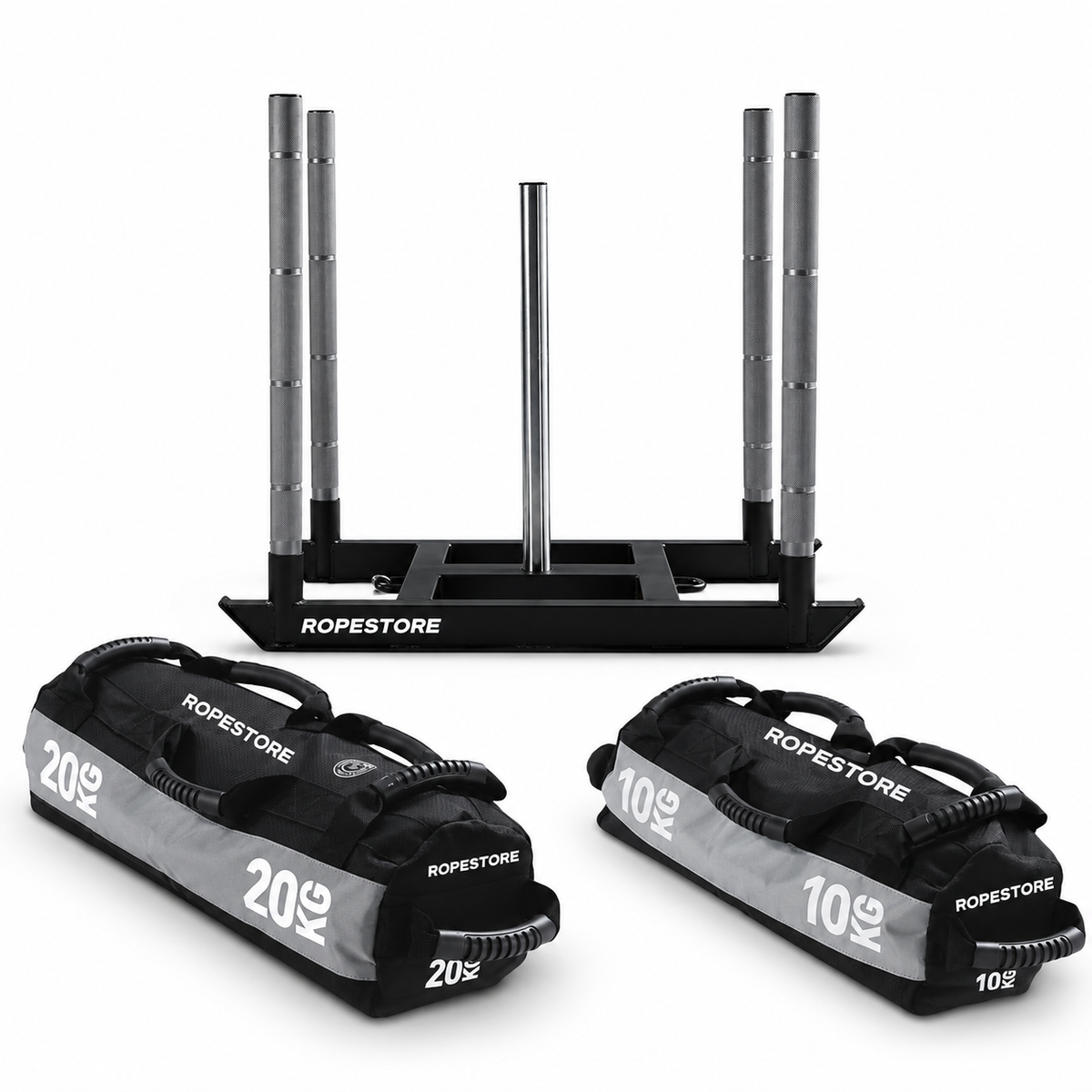 Kit com 1 Sled Competition, 1 Sandbag de 10kg e 1 Sandbag de 20kg