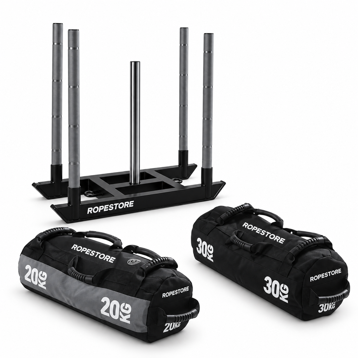 Kit com 1 Sled Competition, 1 Sandbag de 20 kg e 1 Sandbag de 30 kg