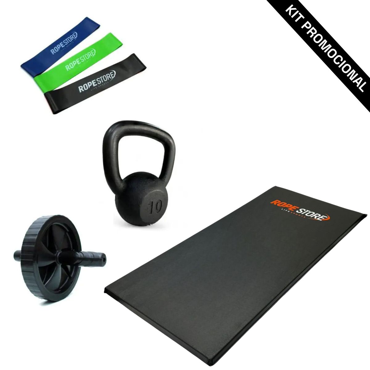 Kit Home Training 6 Itens Colchonete, Roda, Kettlebell, Mini Bands