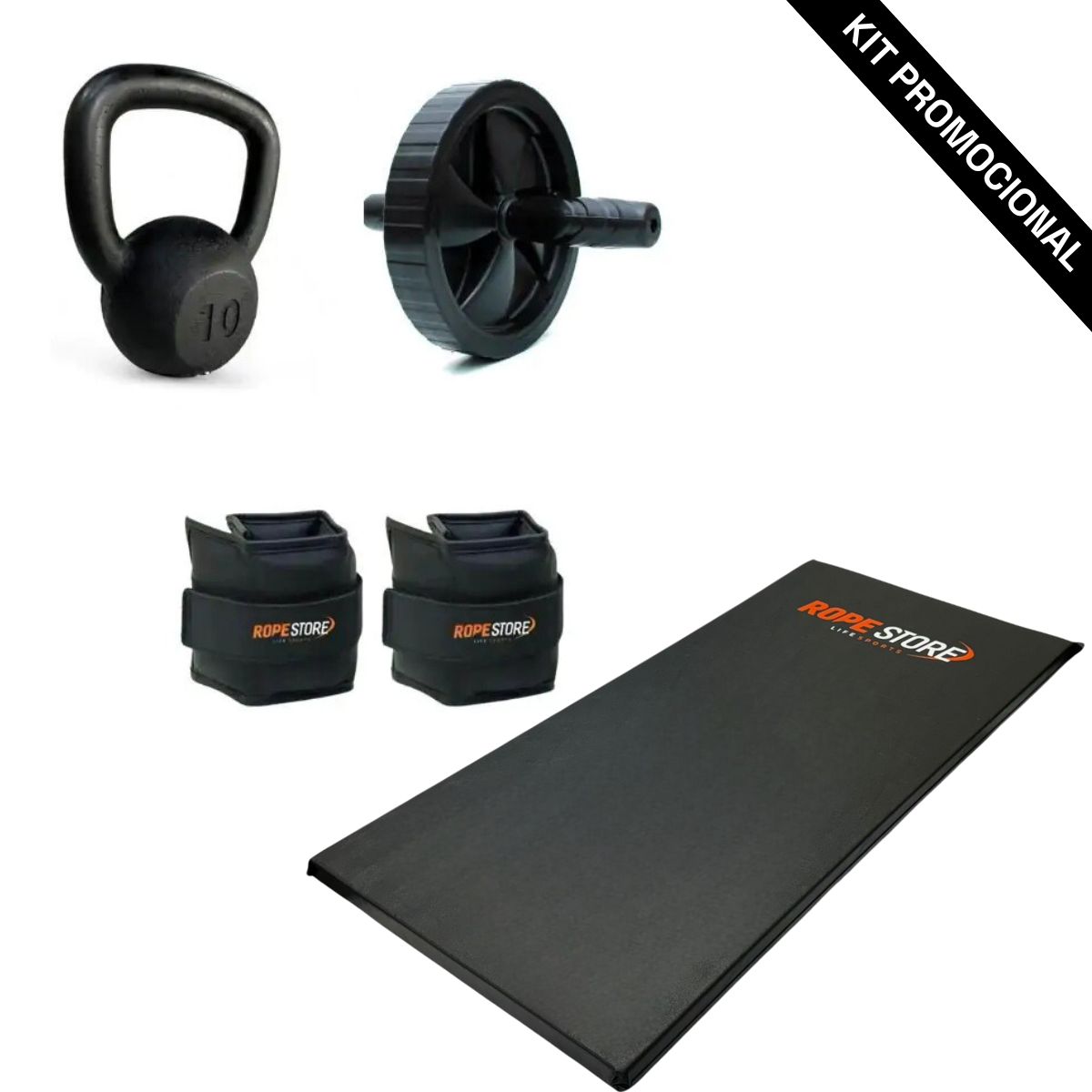 Kit Home Training 4 Itens Colchonete, Roda, Kettlebell, 1 Par Caneleira Emborrachada